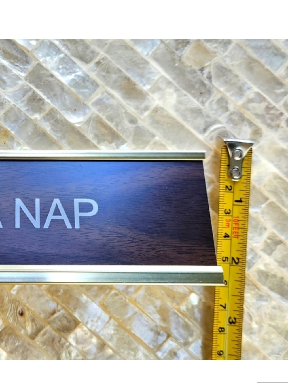 Desk Nameplate Sign - I NEED A NAP - Gold Frame, Dark Wood - Picture 2 of 6